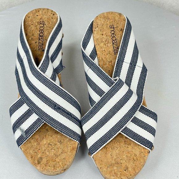 SHOEDAZZLE Womens 8 Abigail Wedge Sandals Black White Stripe Cork Platforms Cute - Picture 3 of 10
